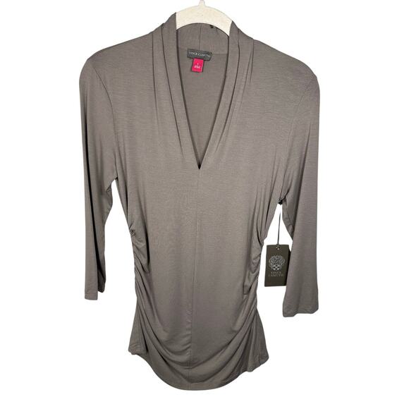 NWT Vince Camuto Mink Gray V Neck Quarter Sleeve Blouse Women's Small - Picture 1 of 6